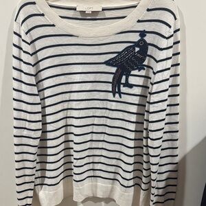LOFT Navy and White Striped Sweater with Bird Accent